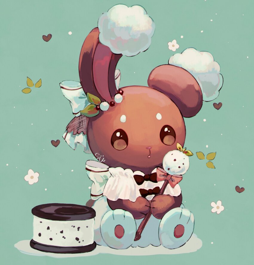 absurdres animal_focus artist_name bow bowtie brown_bow brown_bowtie brown_eyes brown_fur buneary clothed_pokemon commentary_request food gen_4_pokemon green_background heart highres holding holding_stick ice_cream ice_cream_sandwich mint_chocolate nintendo no_humans pawpads pokemon pokemon_(creature) rabbit simple_background sitting stick su_(sajo_su5) white_bow