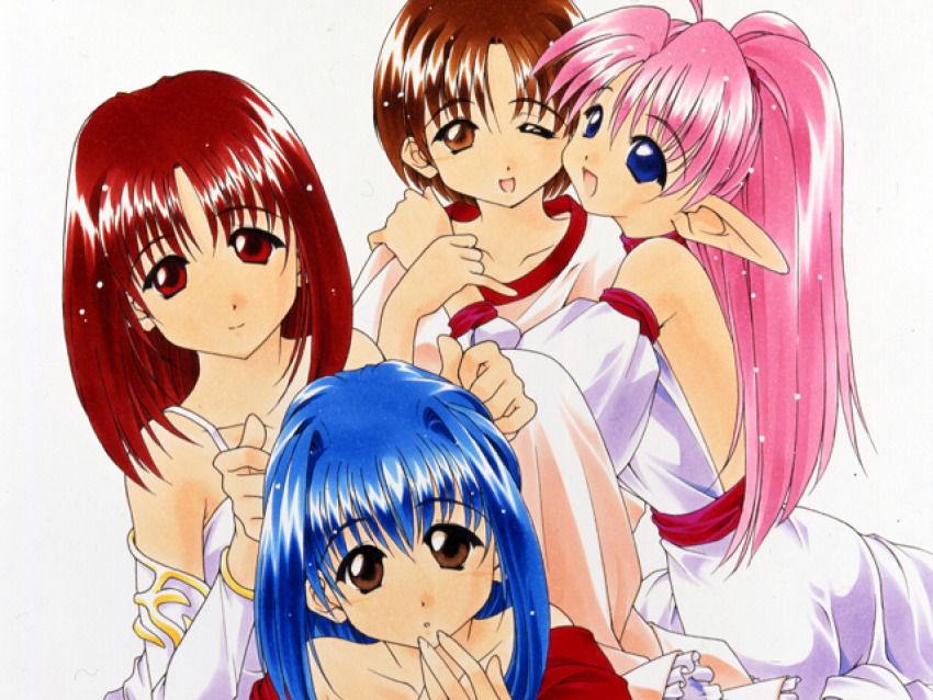 3girls atelier-moo bare_shoulders blue_eyes blue_hair brown_eyes brown_hair closed_mouth collarbone cowboy_shot detached_sleeves elf frone_treatia hair_between_eyes high_ponytail hug long_hair long_pointy_ears looking_at_viewer multiple_girls non-web_source one_eye_closed open_mouth patty_sole pink_hair pointy_ears ponytail red_eyes red_hair short_hair simple_background skirt smile standing tisse_diarec upper_body vanessa_worren very_long_hair white_background yuukyuu_gensoukyoku yuukyuu_gensoukyoku_3_perpetual_blue