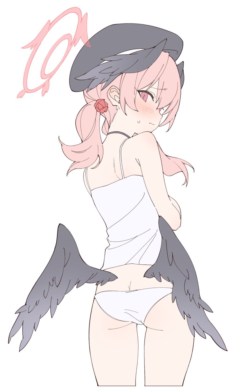 1girl ass beret blue_archive blush butt_crack camisole cowboy_shot embarrassed flat_color from_behind hat head_wings highres koharu_(blue_archive) loli low_twintails low_wings medium_hair multiple_wings no_pants panties pink_eyes pink_hair rakugaki_ningen simple_background solo twintails underwear white_background white_camisole white_panties wings