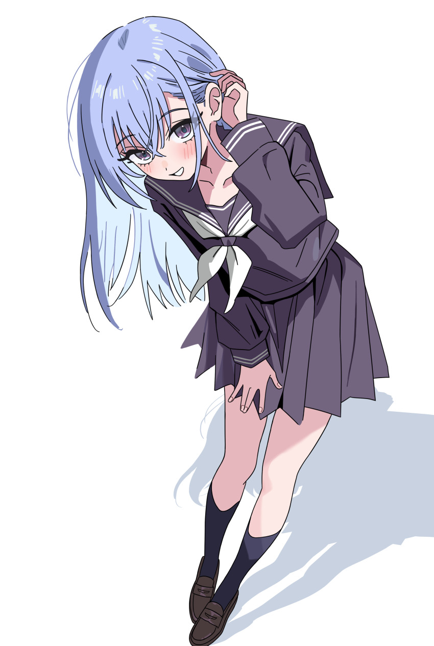 1girl absurdres black_socks blue_hair blush brown_shoes collarbone commentary_request fingernails full_body grey_serafuku highres idolmaster idolmaster_shiny_colors jie-se_(kuai_mian_biao) kneehighs leaning_forward loafers long_hair long_sleeves looking_at_viewer neckerchief no_dickey pleated_skirt school_uniform serafuku shadow shoes simple_background skirt smile socks solo straight_hair suzuki_hana tucking_hair white_background white_neckerchief