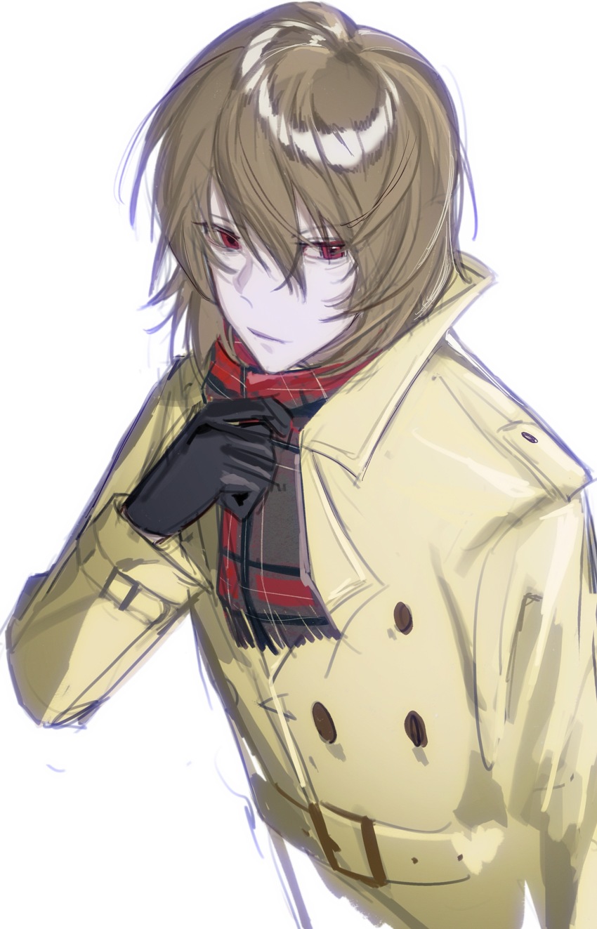 1boy absurdres akechi_gorou baobing belt black_gloves black_scarf brown_hair buttons chinese_commentary closed_mouth coat commentary_request double-breasted gloves hair_between_eyes hand_up highres long_sleeves male_focus medium_hair pale_skin persona persona_5 plaid_clothes plaid_scarf red_eyes scarf simple_background solo trench_coat upper_body white_background yellow_belt yellow_coat