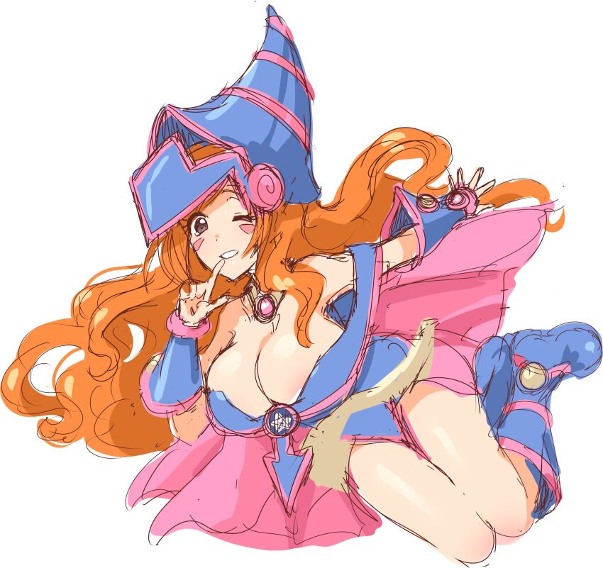 1girl bleach breasts brown_eyes cleavage cosplay dark_magician_girl dark_magician_girl_(cosplay) female_focus hat highres huge_breasts inoue_orihime large_breasts long_hair looking_at_viewer nashirasauce one_eye_closed orange_hair simple_background very_long_hair white_background wink wizard_hat yu-gi-oh! yu-gi-oh!_duel_monsters