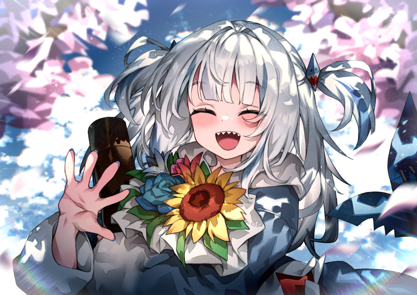1girl absurdres animal_costume blue_hair blue_hoodie blue_nails blush bouquet box cherry_blossoms closed_eyes fins fish_tail flower gawr_gura gawr_gura_(1st_costume) grey_hair hair_ornament highres holding holding_bouquet hololive hololive_english hood hoodie medium_hair multicolored_hair nail_polish open_mouth redcomet shark_costume shark_girl shark_hair_ornament shark_tail sharp_teeth smile solo streaked_hair tail teeth two-tone_hair upper_teeth_only virtual_youtuber