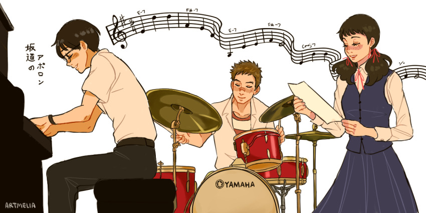 1girl 2boys amelia_(magic16879) black_hair blonde_hair closed_eyes copyright_name cross_scar drum drum_set drumsticks facial_scar feet_out_of_frame freckles from_side glasses hair_ribbon holding holding_drumsticks holding_paper instrument kawabuchi_sentarou mukae_ritsuko multiple_boys music musical_note nishimi_kaoru paper playing_instrument playing_piano ribbon sakamichi_no_apollon scar scar_on_cheek scar_on_face shirt short_hair short_twintails simple_background singing sitting striped_clothes striped_shirt twintails white_background