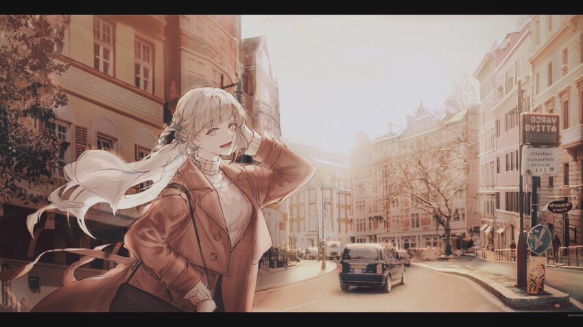 1girl bag blue_hair braid brown_coat building car coat day doyamemo_f fate/grand_order fate_(series) grey_eyes grey_hair handbag highres johanna_(fate) long_hair looking_at_viewer motor_vehicle multicolored_hair open_mouth outdoors photo_background road road_sign sign smile solo street sweater tree turtleneck turtleneck_sweater two-tone_hair upper_body