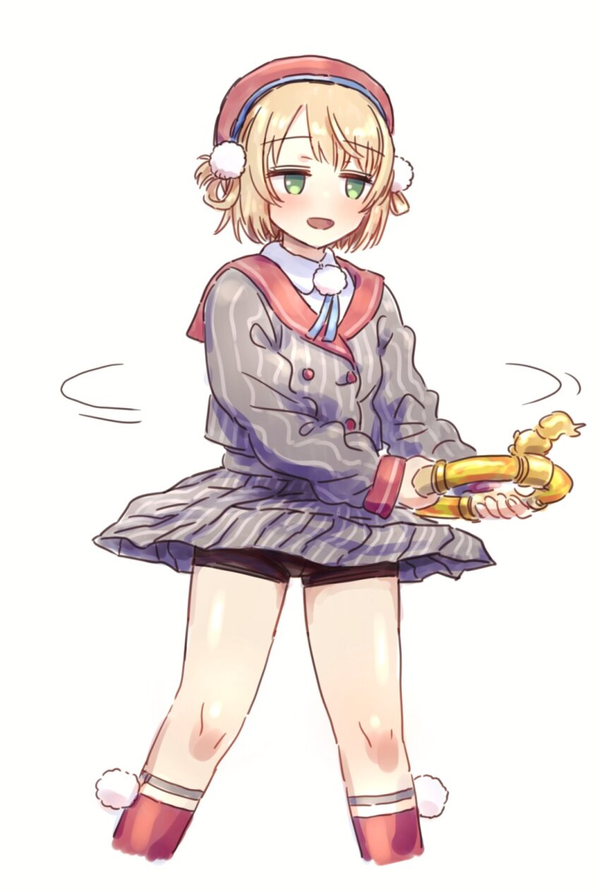 1girl beret bike_shorts_under_skirt blonde_hair blush exercising fuwa_uneuchi green_eyes hair_ornament hat highres indie_virtual_youtuber jitome looking_to_the_side open_mouth pom_pom_(clothes) pom_pom_hair_ornament red_sailor_collar ring-con ring_fit_adventure sailor_collar shigure_ui_(vtuber) shirt short_hair simple_background skirt solo virtual_youtuber white_background wind wind_lift