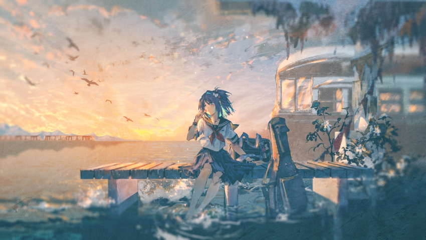 1girl bag bird black_hair black_sailor_collar black_skirt blue_eyes blurry blurry_foreground bracelet candy commentary day flower food full_body guitar_case hair_ornament hand_up highres holding holding_candy holding_food holding_lollipop horizon instrument_case jewelry lollipop looking_afar medium_hair medium_skirt neckerchief ocean on_bench original outdoors pendant pleated_skirt red_neckerchief sailor_collar scenery school_bag school_uniform serafuku short_sleeves sitting skirt sky soaking_feet solo train train_station white_flower white_serafuku wide_shot x_hair_ornament yukinoneko