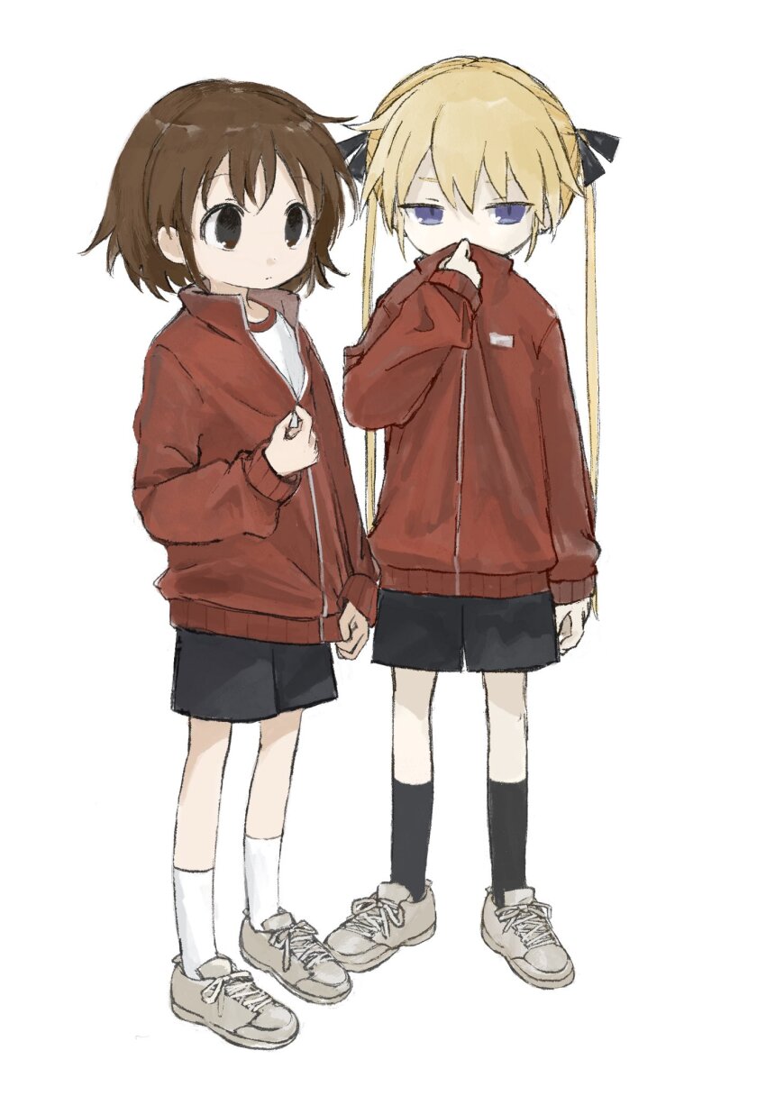 2girls alternate_costume black_eyes black_ribbon black_shorts black_socks blonde_hair brown_eyes brown_footwear closed_mouth collar_tug covered_mouth full_body gym_uniform hair_ribbon highres hitonatz jacket kill_me_baby kneehighs long_hair long_sleeves looking_ahead looking_at_viewer multiple_girls oribe_yasuna partially_unzipped purple_eyes red_jacket ribbon shoes shorts simple_background sneakers socks sonya_(kill_me_baby) track_jacket twintails unzipping white_background white_socks