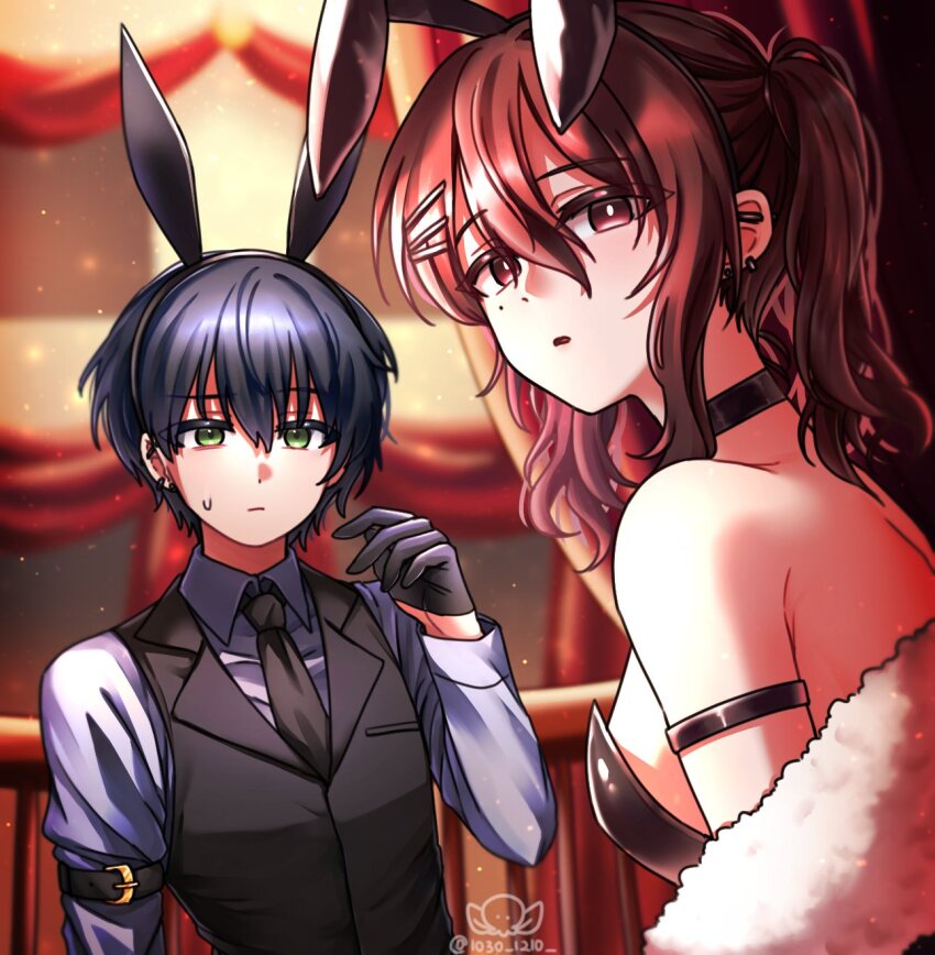 1boy 1girl alternate_costume animal_ears black_gloves black_hair black_vest breasts brown_eyes brown_hair choker girls&#039;_frontline girls&#039;_frontline_neural_cloud gloves green_eyes hair_ornament hairpin half_gloves hatsuchiri_(neural_cloud) highres leotard looking_at_viewer medium_breasts medium_hair mole mole_under_eye multiple_hairpins parted_lips playboy_bunny rabbit_ears shirt short_hair sueyoi_(neural_cloud) suzuran1030 sweatdrop vest white_shirt