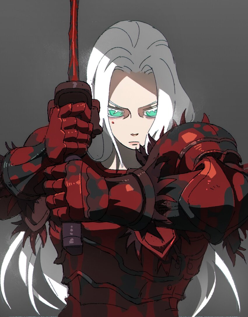 1girl absurdres aisendraw armor blood blood_on_face breastplate closed_mouth elden_ring fur-trimmed_armor fur_trim gauntlets green_eyes grey_background highres holding holding_sword holding_weapon long_hair looking_at_viewer no_headwear rakshasa_(elden_ring) shoulder_armor solo sword two-handed upper_body weapon white_hair