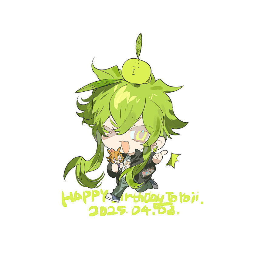 apple black_jacket chibi chibi_only food fruit green_apple green_eyes green_hair highres jacket one_eye_closed onitwo white_background