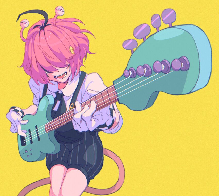 1girl addendium ahoge bass_guitar black_hair dooby_(vtuber) gloves highres indie_virtual_youtuber instrument mouse_tail multicolored_hair open_mouth overalls pink_hair short_hair simple_background smile solo streaked_hair tail virtual_youtuber white_gloves yellow_background