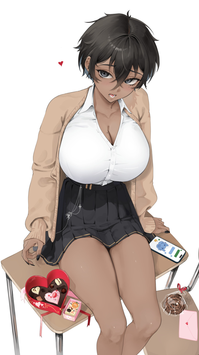 1girl absurdres black_hair black_nails black_skirt blue_eyes box box_of_chocolates breasts cardigan cellphone cleavage dark-skinned_female dark_skin desk hair_between_eyes heart heart-shaped_box highres huge_breasts ku_(kuchurage) kuchurage letter light_blush love_letter mole mole_on_breast mole_under_eye on_desk open_cardigan open_clothes open_mouth original phone pleated_skirt school_desk simple_background sitting skirt sleeves_past_wrists smartphone solo thighs tomboy white_background