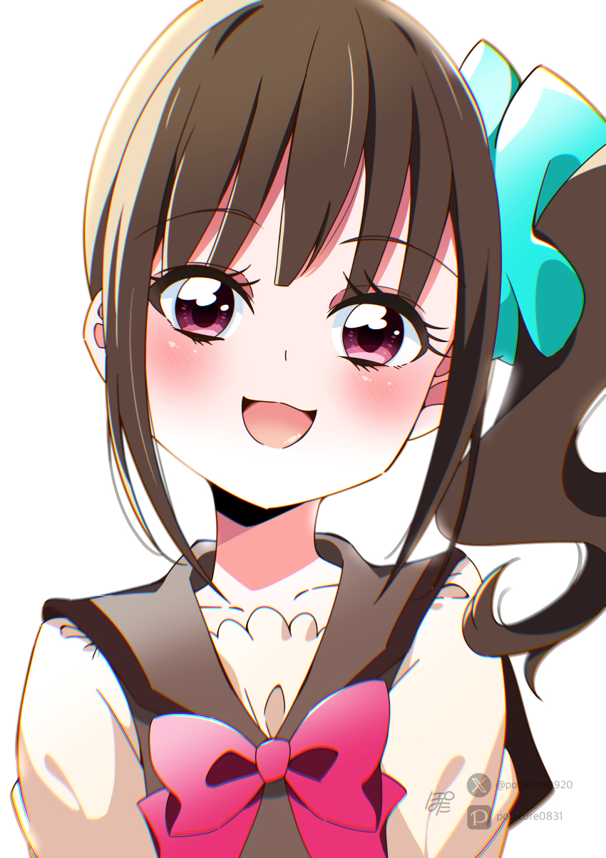 1girl absurdres aqua_scrunchie blush bow bowtie brown_cardigan brown_hair brown_shirt cardigan highres long_hair nekoyashiki_mayu open_mouth pink_bow pink_bowtie pixiv_username pota_(potacure1011) precure purple_eyes school_uniform scrunchie second_wangan_school_uniform shirt side_ponytail signature smile solo twitter_username upper_body wonderful_precure!