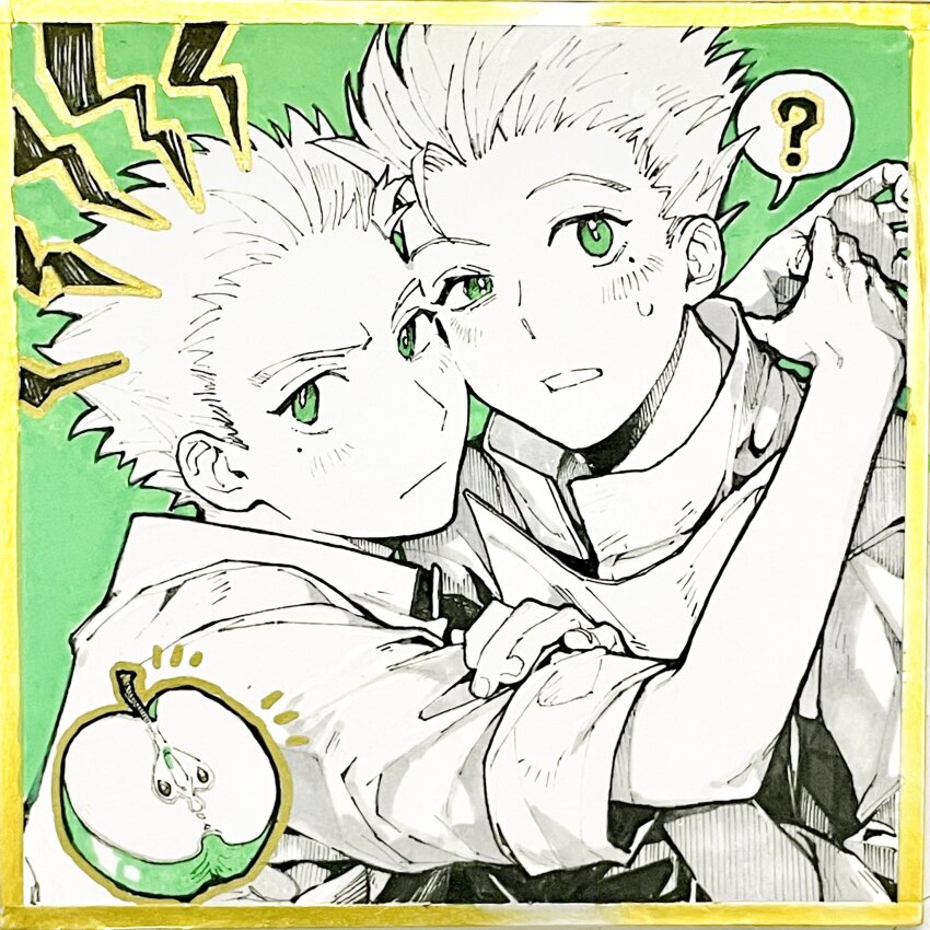 2boys ? apple bingbuliguozi bright_pupils brothers child confused food frown fruit green_background green_eyes highres ink looking_at_viewer male_focus multiple_boys outside_border partially_colored shirt short_hair siblings sweatdrop traditional_media trigun trigun_maximum twins white_pupils