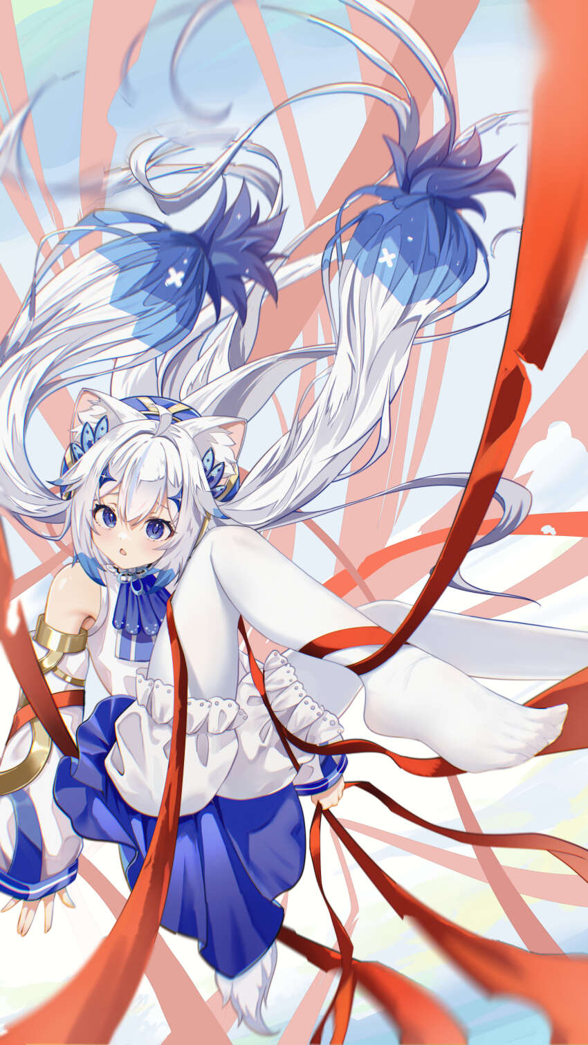 1girl absurdres ahoge animal_ear_fluff animal_ears bloomers blue_eyes blue_hair blue_skirt cat_ears cat_girl chestnut_mouth commission detached_sleeves highres holding holding_ribbon incredibly_absurdres long_hair looking_at_viewer multicolored_hair no_shoes original pantyhose parted_lips red_ribbon ribbon skirt smiles_yinfu solo twintails underwear very_long_hair white_bloomers white_hair white_pantyhose