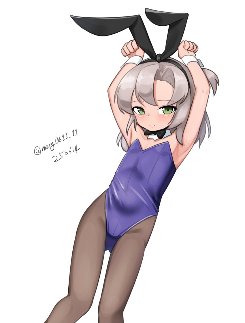 1girl absurdres alternate_costume animal_ear_hairband animal_ears black_bow black_bowtie black_pantyhose bow bowtie dated detached_collar fake_animal_ears feet_out_of_frame flat_chest green_eyes grey_hair hairband highres kantai_collection kinugasa_(kancolle) leotard maru_(marg0613) one-hour_drawing_challenge pantyhose playboy_bunny purple_leotard rabbit_ears rabbit_pose simple_background solo strapless strapless_leotard twitter_username two_side_up white_background wrist_cuffs