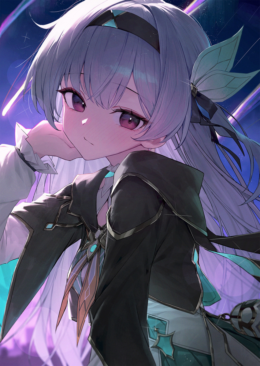 1girl black_hairband black_jacket closed_mouth firefly_(honkai:_star_rail) grey_hair hair_between_eyes hair_ornament hairband hand_up highres honkai:_star_rail honkai_(series) huhi_(huhi_1211) jacket light_blush long_hair long_sleeves looking_at_viewer neckerchief orange_neckerchief puffy_long_sleeves puffy_sleeves purple_eyes shirt short-sleeved_jacket short_sleeves solo white_shirt