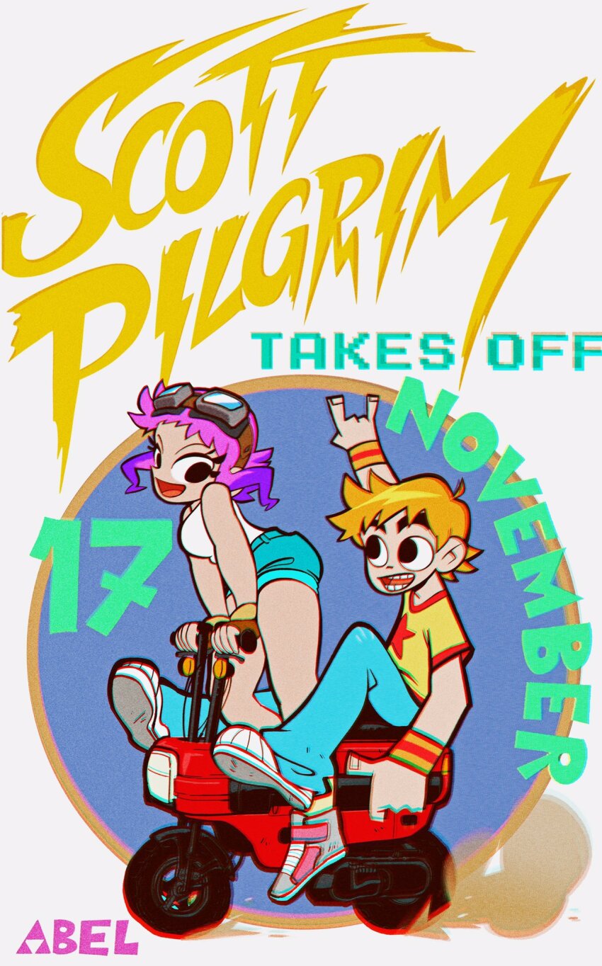 1boy 1girl \n/ abel_gongora aqua_pants aqua_shorts artist_name black_eyes blonde_hair brown_gloves character_name chromatic_aberration circle colored_tips commentary copyright_name crew_neck dated denim denim_shorts driving english_commentary english_text eyelashes fingerless_gloves gloves goggles goggles_on_head grey_shoes highres looking_at_another motor_vehicle multicolored_hair november open_mouth pants pink_hair print_shirt promotional_art purple_hair ramona_flowers science_saru scooter scott_pilgrim scott_pilgrim_(series) scott_pilgrim_takes_off shirt shoes short_shorts short_sleeves shorts simple_background smoke socks star_(symbol) star_print striped_wristband tank_top teeth thick_eyebrows tongue toon_(style) triforce wheel white_background white_socks white_tank_top wristband yellow_shirt