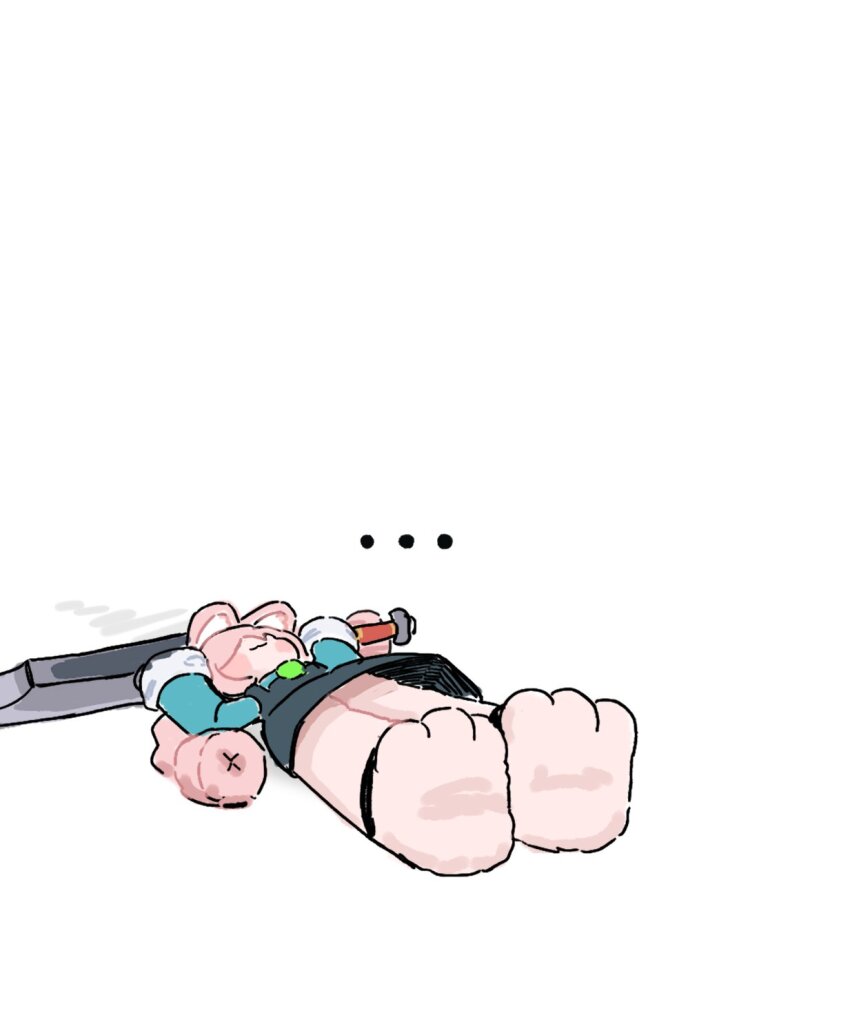 ... 1girl animal_ears animal_feet anklet closed_mouth commentary english_commentary full_body furry furry_female green_shirt highres holding holding_sword holding_weapon jewelry long_hair lying on_back ongnok1 pink_fur pink_hair rabbit_girl shirt simple_background solo sword twintails weapon white_background zenless_zone_zero zhao_(zenless_zone_zero)