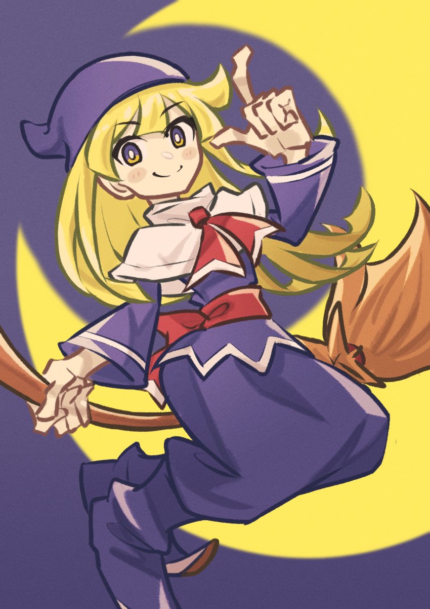 absurdres blonde_hair bright_pupils broom broom_riding capelet closed_mouth commentary_request crescent_moon full_body highres index_finger_raised long_hair looking_at_viewer moon multicolored_eyes neckerchief onozawa_(buresu21) purple_eyes purple_headwear purple_shirt purple_skirt puyopuyo red_neckerchief shirt skirt smile split_mouth white_capelet white_pupils witch_(puyopuyo) yellow_eyes