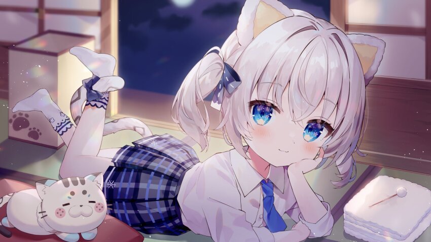 :3 blue_eyes blue_necktie blue_skirt blush bow collared_shirt eyebrows_visible_through_hat hair_between_eyes hair_over_eyes hand_on_own_chin head_rest highres kohaku_nene la_peche_party lying mimikaki moon necktie night night_sky on_stomach plaid_clothes plaid_skirt pleated_skirt second-party_source shirt short_twintails skirt sky snow_leopard snow_leopard_ears snow_leopard_girl snow_leopard_tail socks tail tail_bow tail_ornament tatami toufu_mentaru_zabuton towel twintails virtual_youtuber white_hair white_shirt white_socks
