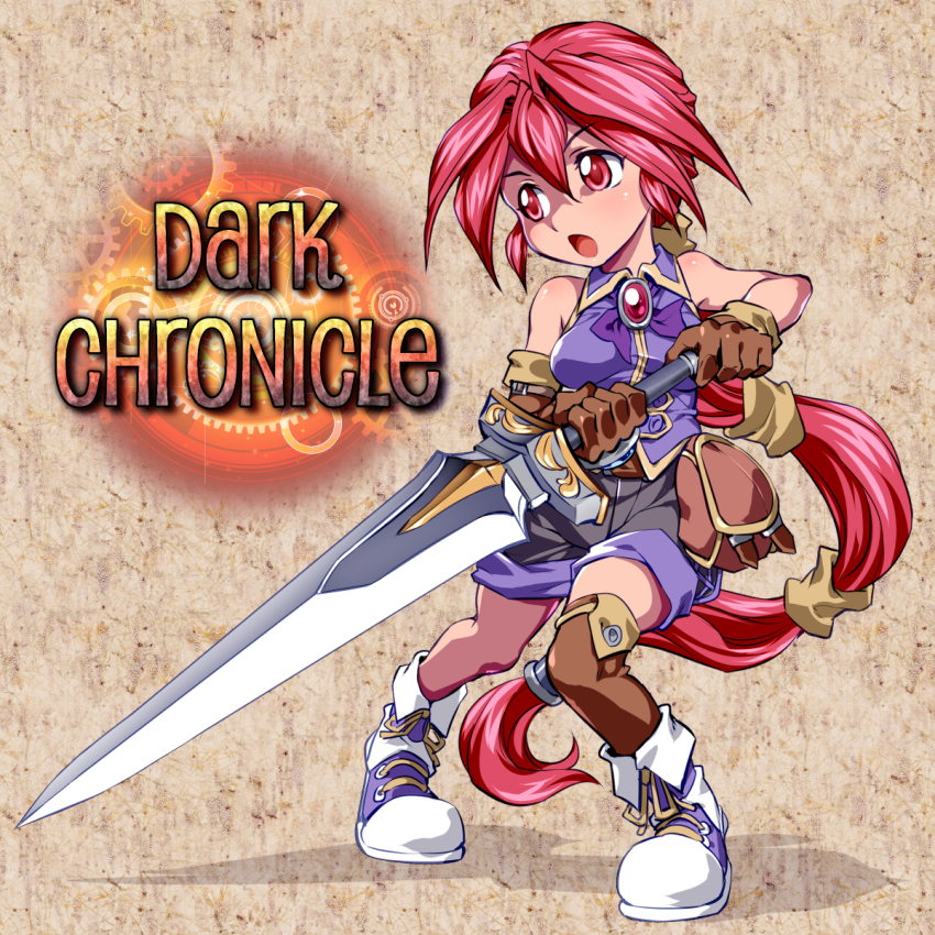 1girl asymmetrical_legwear brooch copyright_name dark_chronicle female_focus funnyari gloves highres holding holding_sword holding_weapon jewelry level-5 long_hair mismatched_legwear monica_(dark_chronicle) open_mouth pink_eyes pink_hair ponytail pouch shoes shorts sleeveless solo sword thighhighs very_long_hair weapon