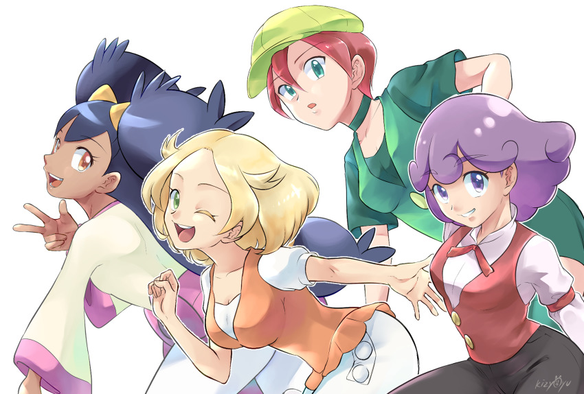 4girls :d bianca_(pokemon) blonde_hair bow bowtie breasts burgundy_(pokemon) choker colored_eyelashes commentary_request curly_hair dark-skinned_female dark_skin dress eyelashes female_focus flat_cap georgia_(pokemon) green_eyes hand_up hat highres iris_(pokemon) kijouyu long_hair long_sleeves looking_at_viewer multiple_girls neck_ribbon nintendo one_eye_closed open_mouth oppai_loli orange_vest pants pokemon pokemon_(anime) pokemon_bw_(anime) purple_eyes purple_hair ribbon shirt short_hair short_sleeves simple_background sleeve_garter smile surprised teeth thick_eyebrows tongue two_side_up very_long_hair vest w white_dress wink