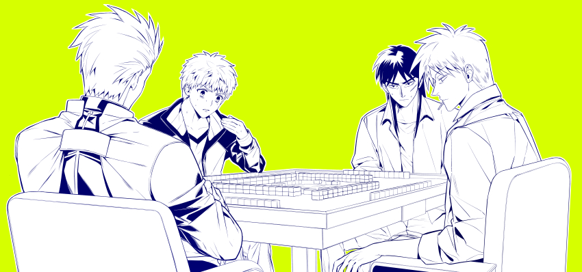 4boys absurdres akagi:_yami_ni_oritatta_tensai akagi_shigeru archer_(fate) cigarette commentary_request crossover emiya_shirou facial_scar fate/stay_night fate_(series) fukumoto_mahjong greyscale_with_colored_background highres itou_kaiji jacket kaiji mahjong mahjong_table male_focus multiple_boys scar scar_on_cheek scar_on_face sidelocks sleeves_rolled_up sweat table yellow_background yoshida_(simanagashi)