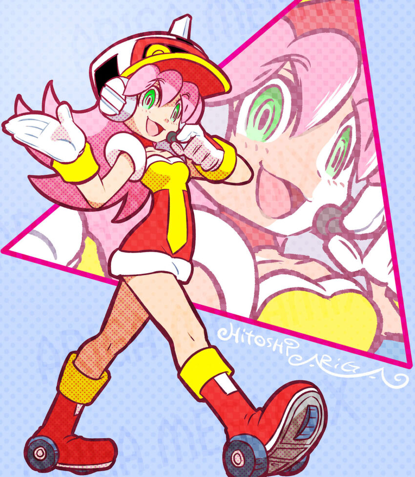 1girl ? ahoge android ankle_boots ariga_hitoshi artist_name baseball_cap blue_background boots reference_sheet checkered_background choker commentary_request concept_art dot_nose dress from_side full_body gloves green_eyes hat headset highres holding holding_microphone long_hair looking_at_viewer looking_down mega_man:_battle_&amp;_chase mega_man_(classic) mega_man_(series) mega_man_megamix microphone miniskirt non-web_source open_mouth pink_hair plum_(mega_man) red_choker red_footwear robot robot_girl roller_skates scanlines short_dress signature simple_background skates skirt sleeveless sleeveless_dress smile solid_oval_eyes walking white_gloves