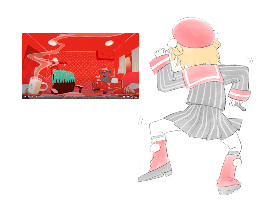 1girl beret black_shoes blonde_hair from_behind grey_jacket grey_skirt hair_rings hat highres holding holding_stylus indie_virtual_youtuber jacket naegi_(naegidokoro) pinstripe_jacket pinstripe_pattern pinstripe_skirt pleated_skirt red_hat red_sailor_collar red_socks reference_inset sailor_collar shigure_ui_(vtuber) shigure_ui_(vtuber)_(1st_costume) shoes skirt socks solo standing standing_on_one_leg stylus virtual_youtuber white_background