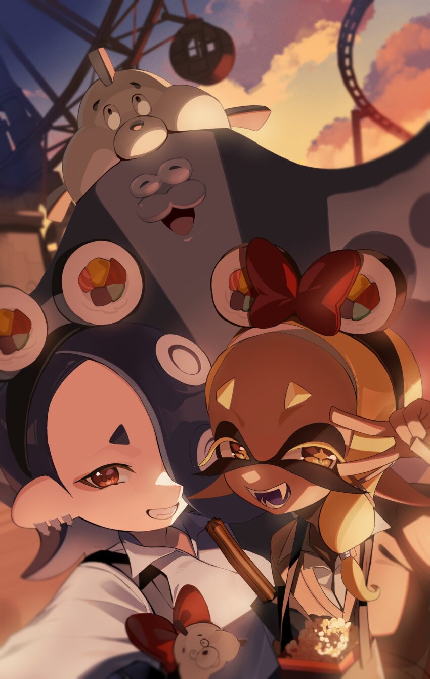 1boy 2girls alternate_costume big_man_(splatoon) black_hairband blonde_hair blue_hair bow brown_cardigan cardigan cephalopod_eyes cloud collared_shirt colored_eyelashes colored_tongue commentary_request dark-skinned_female dark_skin earrings eyelashes fangs ferris_wheel food frye_(splatoon) grin hair_bow hair_over_one_eye hairband highres inkling jewelry long_hair long_pointy_ears looking_at_viewer medium_hair multiple_earrings multiple_girls nintendo nomu_(29_nom) octoling open_mouth outdoors pointy_ears popcorn purple_tongue red_bow red_eyes red_pupils selfie shirt shiver_(splatoon) sky smile splatoon_(series) splatoon_3 star-shaped_pupils star_(symbol) symbol-shaped_pupils teeth tentacle_hair thick_eyebrows tooth_earrings v v_over_eye white_shirt yellow_eyes yellow_pupils