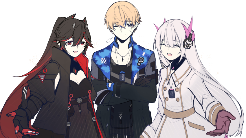 dochikun highres image_sample lee:_entropy_(pgr) lee_(pgr) liv:_eclipse_(pgr) liv_(pgr) lucia:_plume_(pgr) lucia_(pgr) outstretched_hand pixiv_sample punishing:_gray_raven white_background