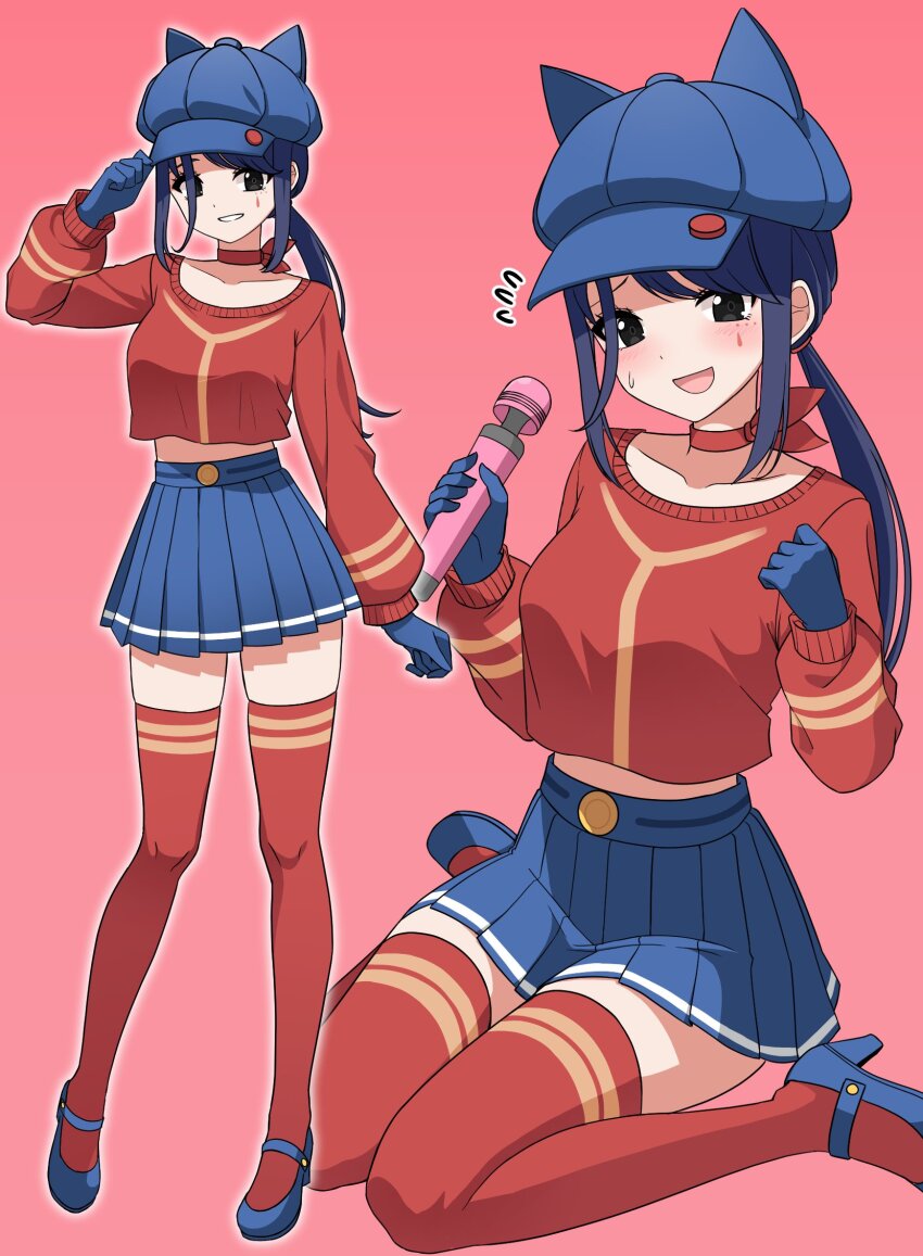 1girl animal_ear_headwear animal_ears black_eyes blue_gloves blue_hair blue_hat blue_shoes blue_skirt blush bow bow_choker choker commentary commission cool_mita_(miside) crop_top crop_top_overhang dildo english_commentary fake_animal_ears flying_sweatdrops gloves hands_up hat high_heels highres hitachi_magic_wand holding holding_sex_toy long_hair long_sleeves looking_at_viewer low_ponytail mark_under_eye midriff miside mita_(miside) multiple_views nanju_bami newsboy_cap open_mouth pink_background ponytail red_bow red_choker red_shirt red_thighhighs sex_toy shirt shoes simple_background sitting skirt smile tattoo teardrop_facial_mark teardrop_tattoo thighhighs thighs vibrator wariza zettai_ryouiki
