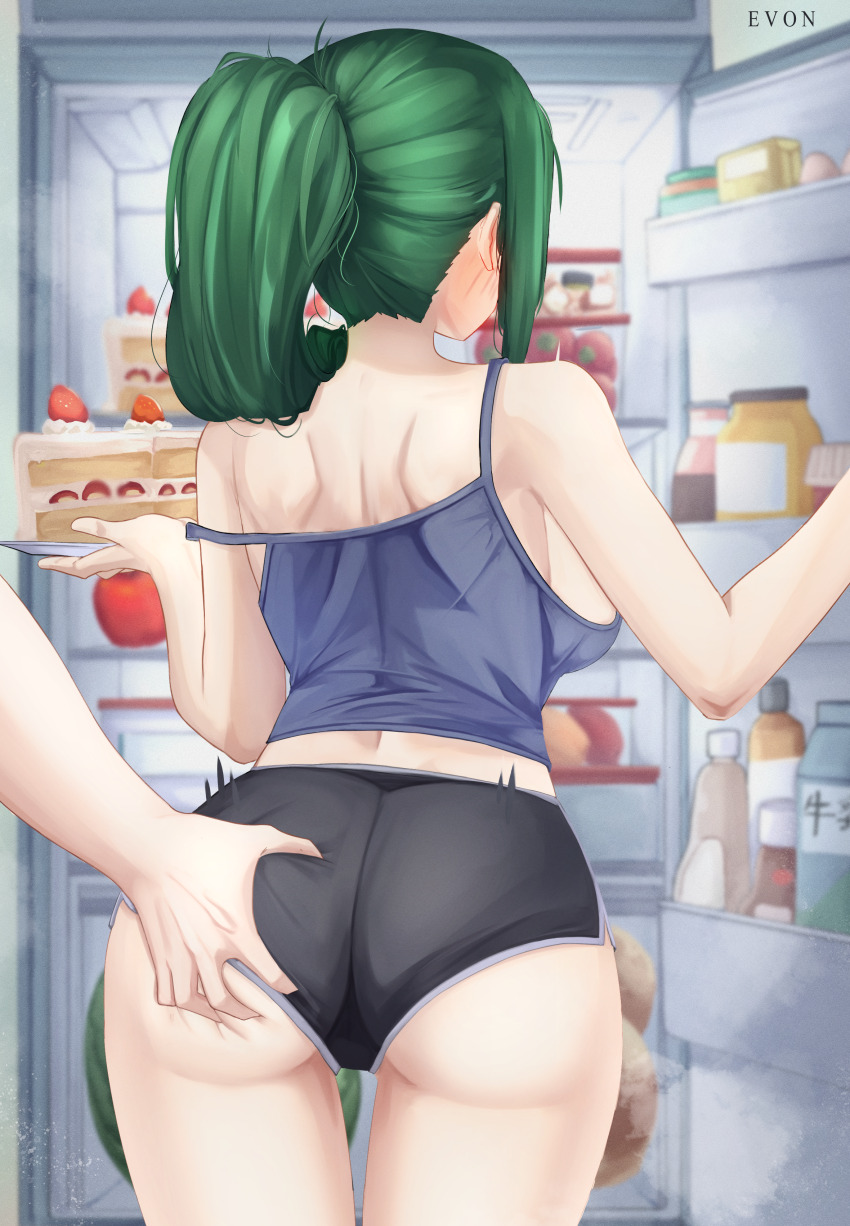 1boy 1girl absurdres akihitoevon ass backboob black_buruma blue_camisole bottle breasts buruma cake camisole commentary crusch_karsten english_commentary facing_away food from_behind fruit grabbing_another&#039;s_ass grabbing_from_behind green_hair groping hetero highres holding holding_plate indoors large_breasts long_hair plate ponytail re:zero_kara_hajimeru_isekai_seikatsu refrigerator sidelocks standing strawberry strawberry_shortcake