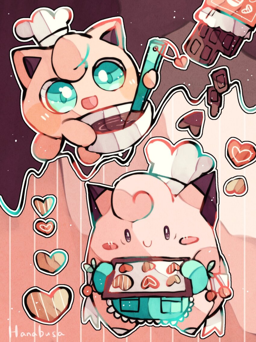 animal_focus apron artist_name baking_sheet blue_eyes brown_background candy chef_hat chocolate chocolate_bar clefairy clothed_pokemon colored_skin commentary_request cookie food gen_1_pokemon hanabusaoekaki hat heart highres jigglypuff nintendo no_humans pink_background pink_skin pokemon pokemon_(creature) smile solid_oval_eyes stirring