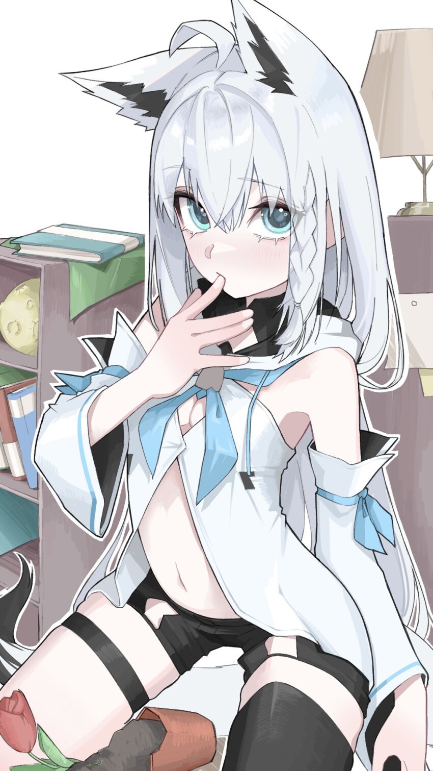 1girl 9tk9m ahoge animal_ear_fluff animal_ears aqua_eyes aqua_neckerchief armpits black_shorts book braid breasts broken_vase buckle center_opening cleavage crossed_bangs detached_sleeves drawstring extra_ears finger_to_mouth fox_ears fox_girl fox_tail front_slit hashtag-only_commentary high_collar highres hololive hood hood_down hooded_vest hoodie kneeling lamp light_blush long_hair looking_at_viewer midriff_peek navel neckerchief plant potted_plant shelf shirakami_fubuki shirakami_fubuki_(1st_costume) short_shorts shorts side_braid single_braid single_thighhigh skindentation small_breasts solo tail thigh_strap thighhighs vest virtual_youtuber white_hair white_nails white_vest wide_sleeves