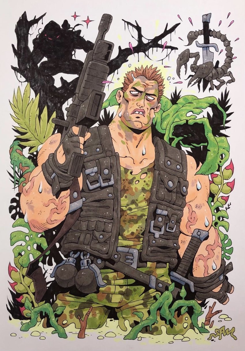 1boy alien arnold_schwarzenegger camouflage camouflage_jacket camouflage_pants dutch_(predator) explosive facepaint fingerless_gloves gloves grenade gun highres jacket jungle knife knife_sheath light_brown_hair marker_(medium) muscular nature ohnosam pants predator_(1987) predator_(character) predator_(series) rifle sanpaku scorpion sheath short_hair traditional_media veins veiny_arms vest weapon