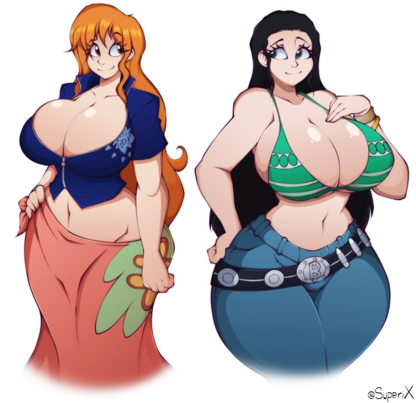 2girls ass bare_arms bare_shoulders barefoot black_hair blue_eyes breasts brown_eyes cleavage cropped_jacket curvy dress huge_breasts jacket large_breasts legs long_dress long_hair midriff multiple_girls nami_(one_piece) navel nico_robin nico_robin_(return_to_sabaody) one_piece orange_hair plump ponytail sarong short-sleeved_jacket short_sleeves smile socks stomach sunglasses sunglasses_on_head superix thick_thighs thighs white_background wide_hips