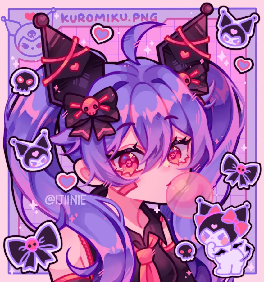 1girl aegyo_sal ahoge animal_ears bare_shoulders black_bow black_shirt black_sleeves blush border bow breasts bubble chewing_gum closed_mouth collared_shirt commentary cosplay detached_sleeves double-parted_bangs english_commentary fake_animal_ears frilled_shirt frills grid_background hair_between_eyes hair_bow hair_over_shoulder hatsune_miku hatsune_miku_(cosplay) heart highres horns humanization ijiinie kuromi looking_at_viewer lower_eyelashes_only necktie onegai_my_melody outside_border pink_background pink_border pink_eyes portrait purple_hair red_necktie red_trim sanrio shirt simple_background skull-shaped_pupils sleeveless sleeveless_shirt small_breasts solo sparkle sparkling_eyes symbol-shaped_pupils twintails vocaloid