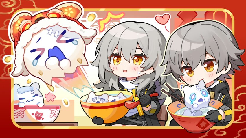 &gt;_&lt; 1boy 1girl ^^^ absurdres black_coat black_gloves black_pants black_skirt blush border bowl caelus_(honkai:_star_rail) chopsticks closed_eyes closed_mouth cloud coat creature dual_persona eating flower food gloves gou_lianlian_dogface grey_hair hair_between_eyes heart highres holding holding_bowl holding_chopsticks holding_spoon honkai:_star_rail honkai_(series) hood hooded_coat lapels long_hair long_sleeves looking_at_another looking_at_food on_chair open_clothes open_coat open_mouth outside_border pants pink_flower red_border shirt short_hair sidelocks sitting skirt smile soup spoon stelle_(honkai:_star_rail) sweatdrop t-shirt table tearing_up trailblazer_(honkai:_star_rail) trembling upper_body white_shirt wubbaboo_(honkai:_star_rail)
