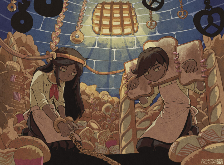 1boy 1girl aizawa_sachi baguette biscuit_(omori) bread brother_and_sister brown_hair closed_mouth cuffs dark-skinned_female dark-skinned_male dark_skin doughie_(omori) donut food long_hair omori pretzel seiza shackles short_hair siblings sitting swept_bangs twins yellow_eyes