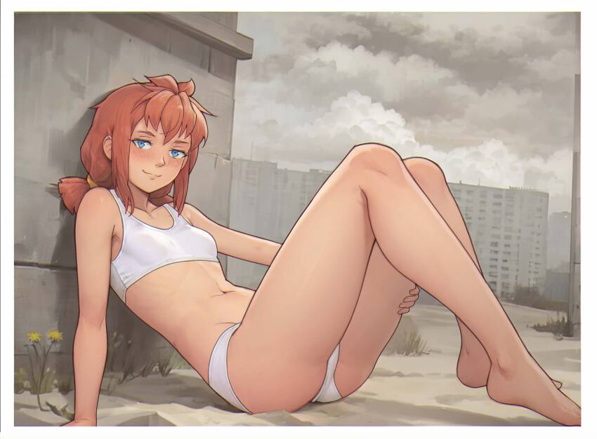 1girl 2ch.ru absurdres against_wall arm_support armpits bare_shoulders barefoot blue_eyes blush border breasts building closed_mouth cloud cloudy_sky collarbone commentary dandelion day dirt english_commentary everlasting_summer feet flower from_side full_body grass grey_sky groin hand_on_own_thigh highres knees_up leaning_back legs leonzo looking_at_viewer looking_to_the_side midriff navel on_ground panties red_hair short_twintails sidelocks sitting sky small_breasts smile solo sports_bra stone_wall toes twintails underwear underwear_only ussr-tan weeds white_border white_panties white_sports_bra