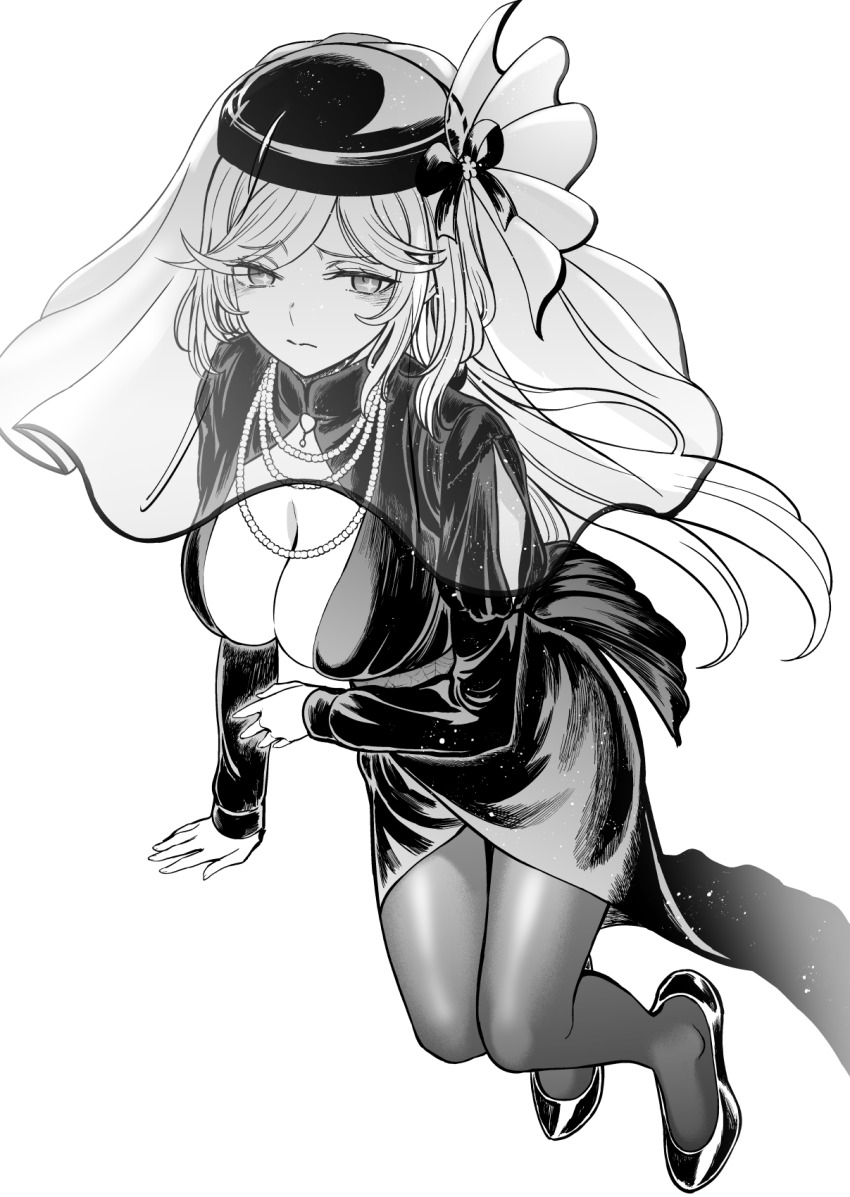 black_dress breasts cleavage closed_mouth commentary dress funeral_dress funeral_veil greyscale highres large_breasts long_hair looking_at_viewer low_ponytail monochrome multiple_necklaces nogi_yasuhito official_alternate_costume official_alternate_hairstyle pantyhose ponytail sad shokuhou_misaki star-shaped_pupils star_(symbol) symbol-shaped_pupils toaru_majutsu_no_index toaru_majutsu_no_index:_genesis_testament veil