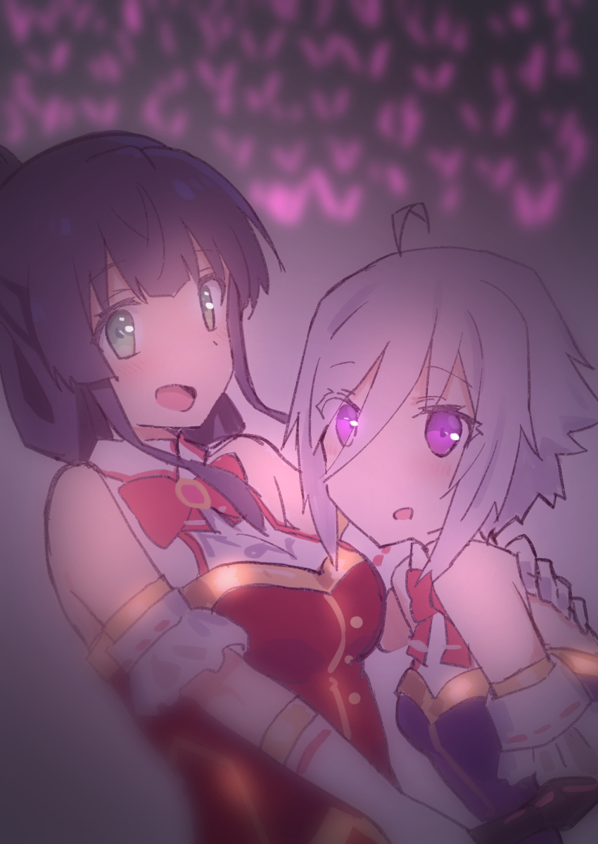2girls :d ahoge bare_shoulders blurry blurry_background blush bow bowtie breasts collared_shirt commentary_request elbow_gloves folded_ponytail gloves green_eyes grey_hair hair_between_eyes hand_on_another&#039;s_back highres hitoiki holding holding_microphone idol_clothes itomi_sayaka large_breasts looking_at_viewer microphone multiple_girls open_mouth purple_eyes purple_hair purple_shirt red_bow red_bowtie red_shirt shirt short_hair sidelocks smile toji_no_miko upper_body white_gloves yanase_mai