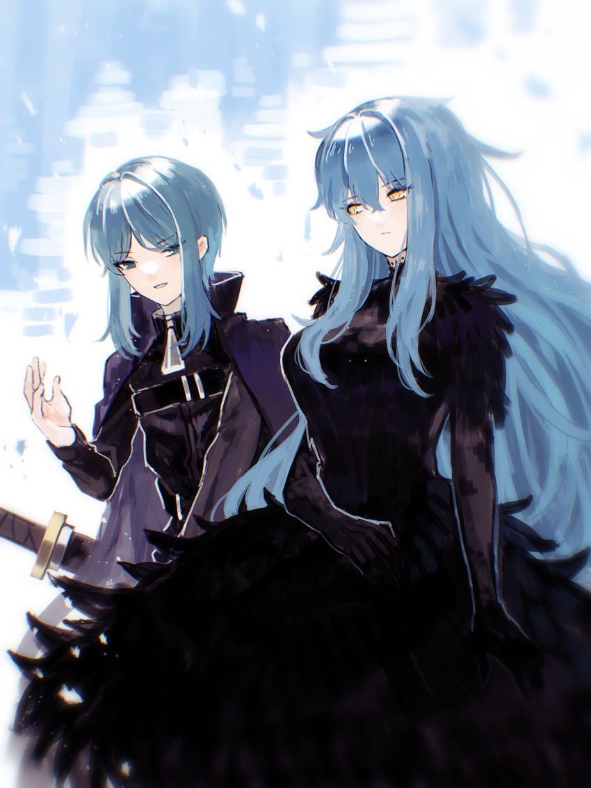 2girls angela_(project_moon) bari_(project_moon) black_dress blue_background blue_coat blue_hair coat cowboy_shot dress feather_dress gloved_sleeves highres library_of_ruina limbus_company long_hair multiple_girls project_moon short_hair starhoshi sword turtleneck turtleneck_dress very_long_hair weapon