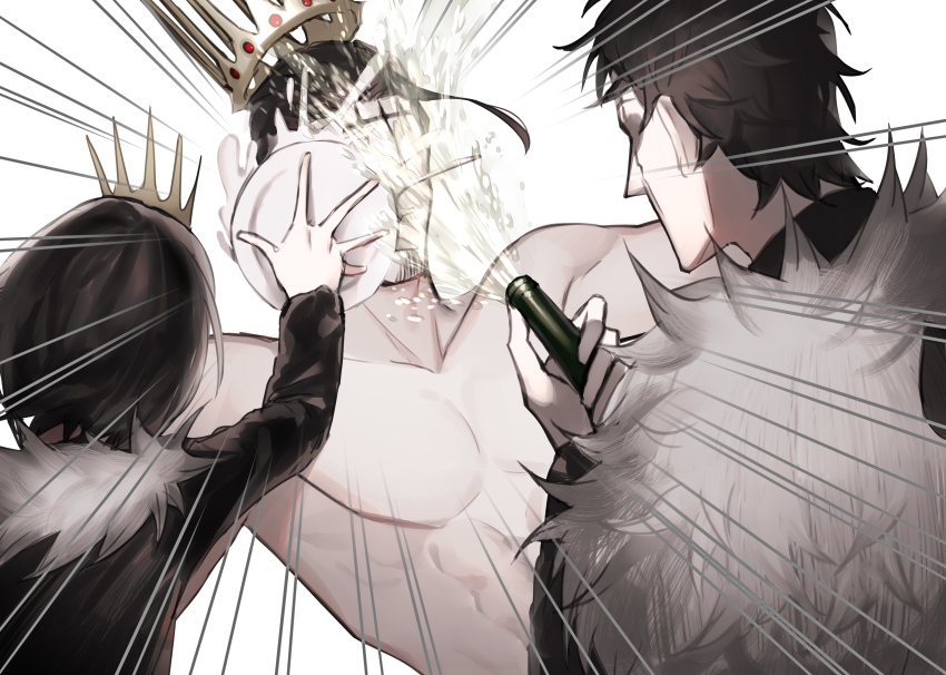 1girl 2boys absurdres alcohol black_clover black_hair black_jacket bottle champagne crown dante_zogratis emphasis_lines facial_hair facial_mark frit_2 fur_collar gem goatee hair_slicked_back highres hitting holding holding_bottle holding_plate jacket multiple_boys plate red_gemstone short_hair siblings single_sidelock spade_(shape) spraying surprised tiara topless_male vanica_zogratis zenon_zogratis