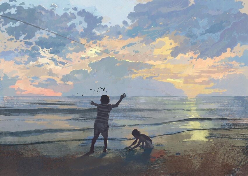 2boys beach blue_sky cloud cloudy_sky dawn horizon morning multiple_boys ocean orange_sky original sand shore sky slow_d water waves