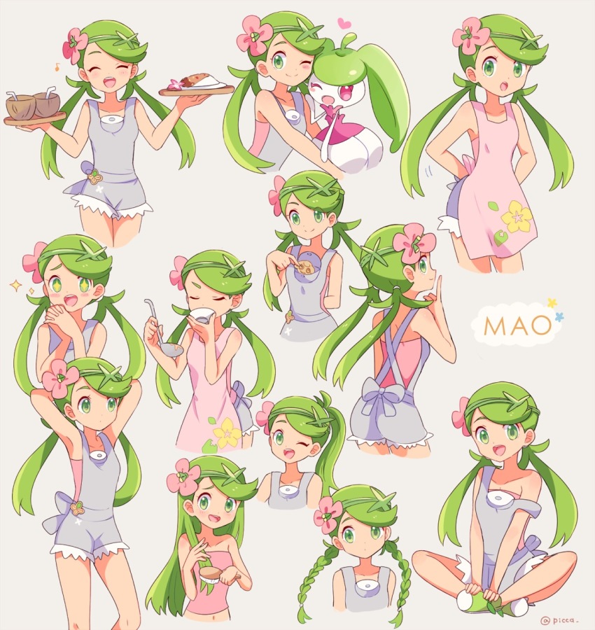 1girl :d :o ;) ;d ^_^ alternate_hairstyle apron armpits arms_behind_head ass back bad_id bad_pixiv_id biscuit blush braid brushing_hair brushing_own_hair closed_eyes coconut cup curry dark-skinned_female dark_skin drinking flower food full_body gen_7_pokemon green_eyes green_hair hair_down hair_flower hair_ornament happy heart highres ladle long_hair looking_at_viewer low_twintails mallow_(pokemon) mei_(maysroom) multiple_views navel nintendo one_eye_closed open_mouth overalls pocket pokemon pokemon_(anime) pokemon_(creature) pokemon_sm_(anime) ponytail rice shirt sitting sleeveless sleeveless_shirt smile solo_focus sparkling_eyes steenee strap_slip swept_bangs twin_braids twintails
