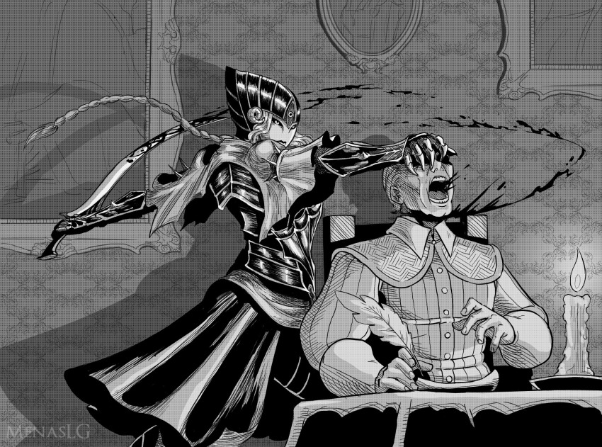 1boy 1girl armor assassination blood candle cape covered_face dark_souls_(series) decapitation full_armor greyscale highres lord&#039;s_blade_ciaran menaslg monochrome murder plume weapon writing